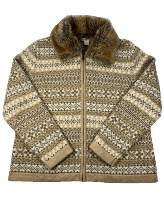 Susan Bristol Sweaters - Susan Bristol Women’s Zip-Up Sweater with Faux Fur Trim Tan 100% Wool Size XL